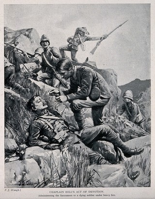 Boer War: a chaplain administering the Sacrament to a dying soldier on a battlefield. Halftone, c. 1900, after F. J. Waugh.