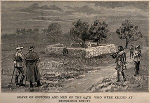 view Boer War: the grave of those killed at Bronkhuis Spruit, with men standing round. Line engraving, c. 1901.