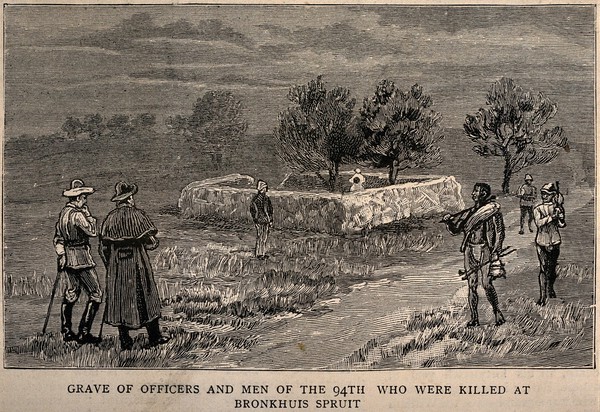 Boer War: the grave of those killed at Bronkhuis Spruit, with men standing round. Line engraving, c. 1901.