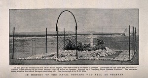 view Boer War: the grave of men of the Naval Brigade who were killed in the battle of Graspan. Halftone, c. 1899, after H. E. Miles.