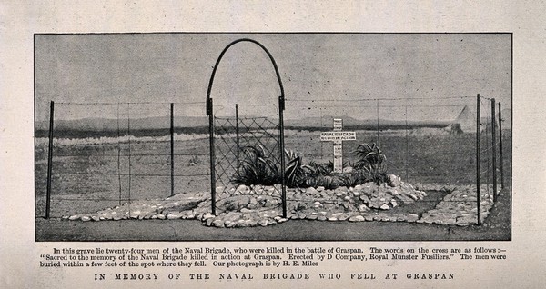 Boer War: the grave of men of the Naval Brigade who were killed in the battle of Graspan. Halftone, c. 1899, after H. E. Miles.