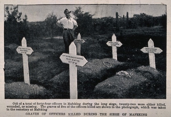 Boer War: five graves of officers killed during the siege of Mafeking (Mahikeng). Halftone, c. 1900.