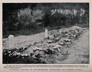 view Boer War: soldiers' graves at Rondesbosch decorated with floral tributes for Easter. Halftone, c. 1900, after H. S. Smith.
