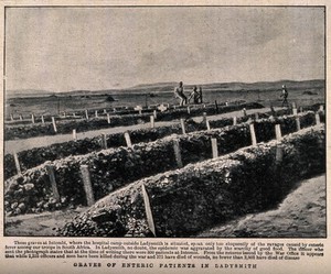 view Boer War: rows of graves of enteric patients at Intombi, Ladysmith. Halftone, c. 1900, after a photograph.