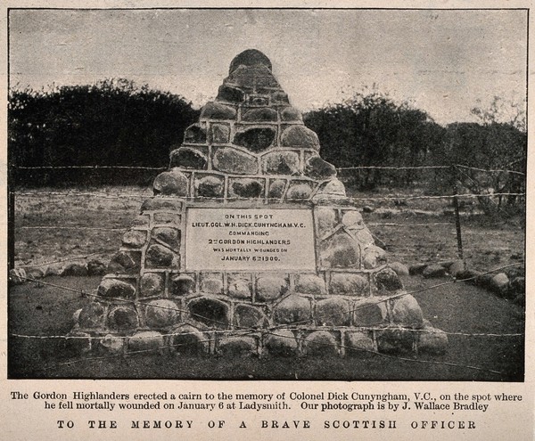 Boer War: a cairn to the memory of Colonel Dick Cunyngham, V. C., at Ladysmith. Halftone, c. 1900, after a photograph by J. Wallace Bradley.