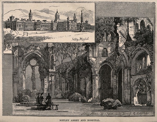 Ruins of Netley Abbey with an inset of Netley Hospital. Wood engraving, c. 1900.
