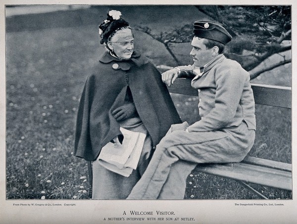 Boer War: an elderly woman sitting outside with her son who is a patient at Netley Hospital. Halftone after a photograph.