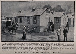 view Boer War: the Doecker Hospital Huts at Netley with patients and a horse-drawn carriage outside. Halftone, 1900, after a photograph by S. Cribb.