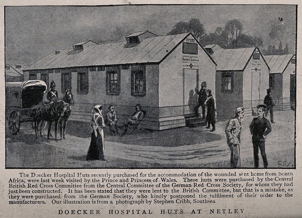 Boer War: the Doecker Hospital Huts at Netley with patients and a horse-drawn carriage outside. Halftone, 1900, after a photograph by S. Cribb.