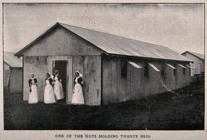view Boer War: a temporary hospital hut at Netley with four nurses at the door. Halftone, c. 1900.