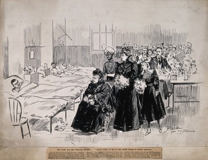 Her Majesty Queen Victoria and entourage visiting soldiers wounded during the Boer War, in a ward at Netley Hospital. Pen and ink drawing by J. Duncan, c. 1900, after F. C. Dickinson.