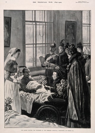 Boer War: Queen Victoria presenting flowers to a wounded soldier during a visit to the Herbert hospital, Woolwich. Halftone after S. Begg, 1900.