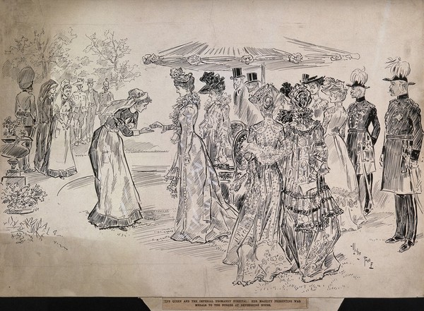 Boer War: Queen Alexandra at Devonshire House, London, presenting war medals to the nurses of the Imperial Yeomanry hospital, South Africa. Pen and ink drawing by O. Paque, 1902.