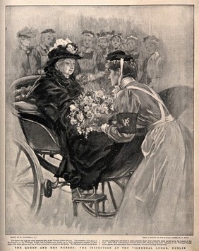 Boer War: Queen Victoria being presented with flowers by a Victoria Jubilee Nurse at the Viceregal Lodge, Dublin. Halftone, c. 1900, after W. Hatherell after W. C. Mills.