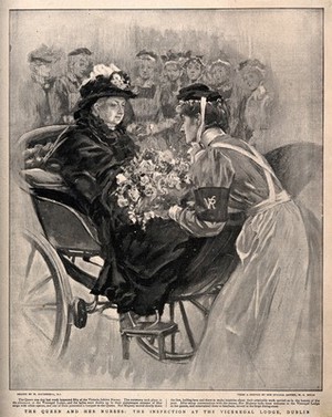 view Boer War: Queen Victoria being presented with flowers by a Victoria Jubilee Nurse at the Viceregal Lodge, Dublin. Halftone, c. 1900, after W. Hatherell after W. C. Mills.