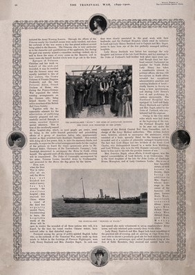 Boer War: page two of an article entitled "women in the war" with illustrations of a ceremony on the hospital ship "Maine" and the hospital ship "Princess of Wales". Halftone, 1900, after text by A. Hugh Fisher and pictures by S. Begg.