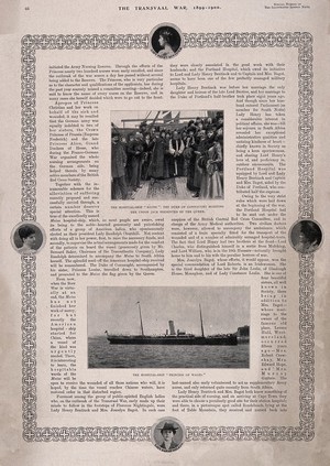 view Boer War: page two of an article entitled "women in the war" with illustrations of a ceremony on the hospital ship "Maine" and the hospital ship "Princess of Wales". Halftone, 1900, after text by A. Hugh Fisher and pictures by S. Begg.