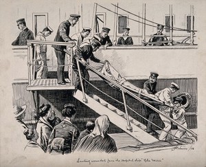 view Russo-Japanese War: taking wounded men on stretchers off the hospital ship "Kobe Maru". Pen and ink drawing by H. Johnson, 1904.