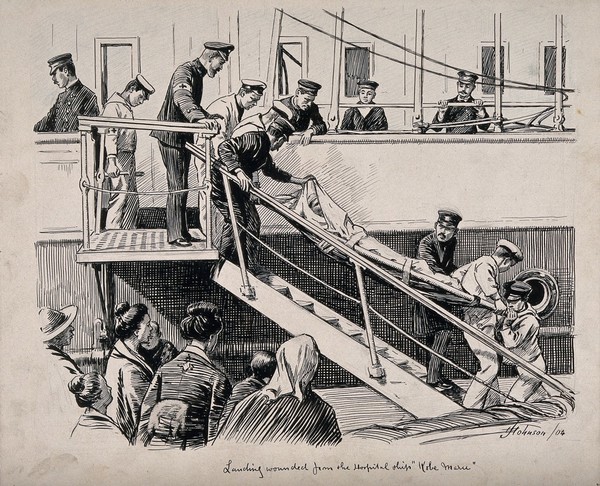 Russo-Japanese War: taking wounded men on stretchers off the hospital ship "Kobe Maru". Pen and ink drawing by H. Johnson, 1904.