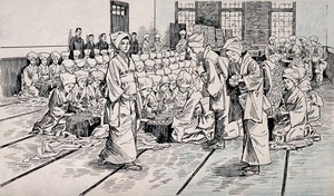 view Russo-Japanese War: rows of women in a large warehouse making bandages for the wounded Japanese. Pen and ink drawing, 1904.