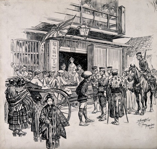 Russo-Japanese War: a street scene in Tokyo with wounded Japanese sitting in a cart. Pen and ink drawing by D. MacPherson, 1904.