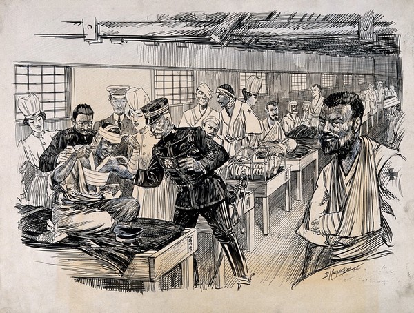 Russo-Japanese War: a field hospital ward with an inspection of the first wounded Japanese to arrive home. Pen and ink drawing by D. Macpherson, 1904.
