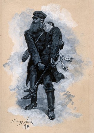 Russo-Japanese War: a large, bearded man carrying a wounded soldier. Gouache painting by S. L. Wood, c. 1904.