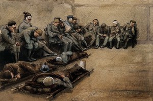 view Russo-Japanese War: wounded soldiers slouched on benches and on stretchers on a stone floor. Watercolour.