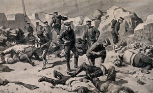 view Russo-Japanese War: Japanese soldiers entering a bombed fort to find dead and wounded men. Halftone, c. 1905, after C. M. Sheldon, from photographs.