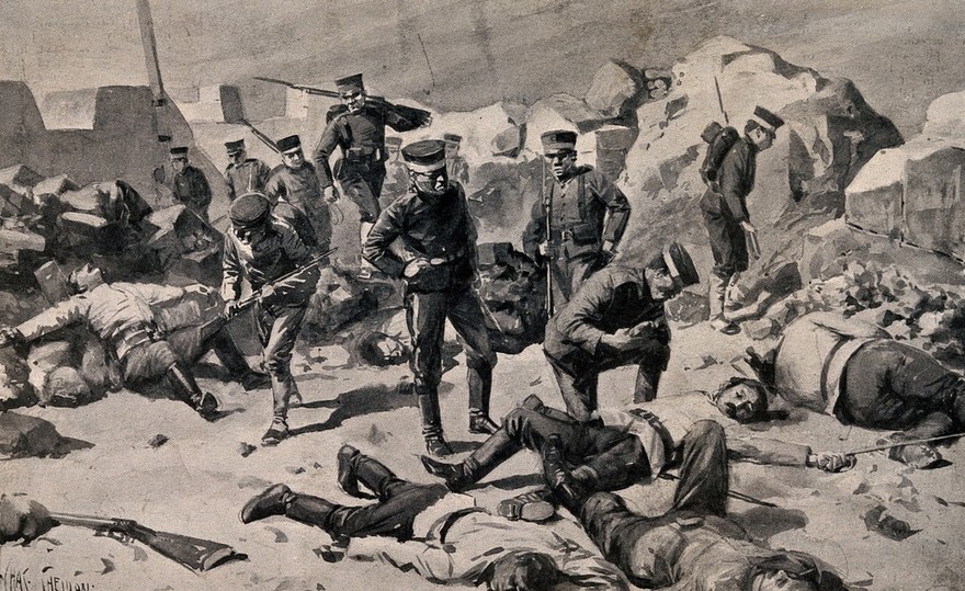 Russo-Japanese War: Japanese soldiers entering a bombed fort to find dead and wounded men. Halftone, c. 1905, after C. M. Sheldon, from photographs.