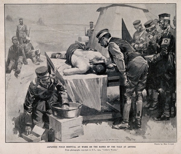 Russo-Japanese War: a man being treated on a table in an open-air Japanese field hospital, others watch. Halftone after M. Cowper, after a photograph, 1904.