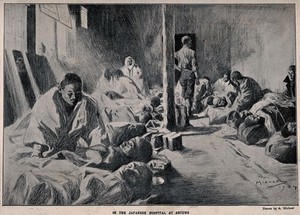 view Russo-Japanese War: patients lying on the floor in the Japanese field hospital at Antung. Halftone after A. Michael, 1904.