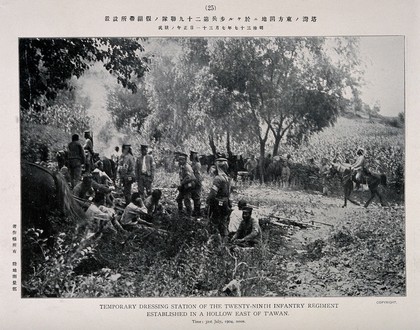 Russo-Japanese War: soldiers milling in a temporary dressing station concealed in a hollow. Collotype, 1904.