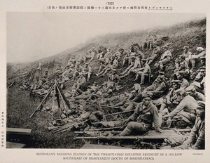 view Russo-Japanese War: soldiers gathered in a temporary dressing station concealed in a hollow. Collotype, 1904.