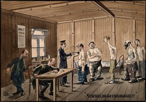 view World War One: British prisoners of war at Ruhleben camp being examined for "barbed-wire disease" by a German army officer. Coloured pen and ink drawing by R. Walker, 1917.