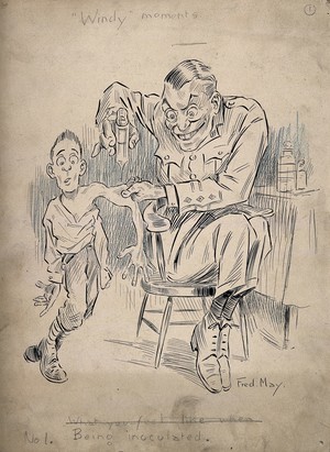 view A large and evil-looking army physician eagerly inoculates a fearful young man. Pen and ink drawing by F. May, ca. 1918.