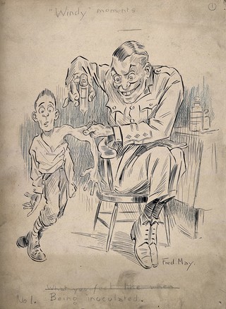 A large and evil-looking army physician eagerly inoculates a fearful young man. Pen and ink drawing by F. May, ca. 1918.