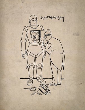 view A doctor examining the dials inside a human machine. Pen and ink drawing by R. Lunt Roberts, c. 1929.