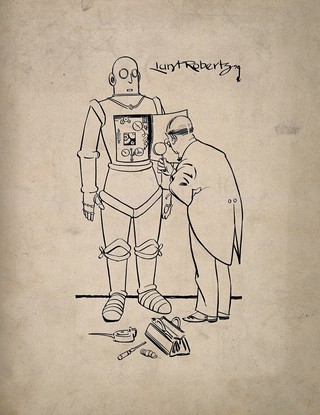 A doctor examining the dials inside a human machine. Pen and ink drawing by R. Lunt Roberts, c. 1929.