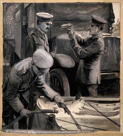 World War One: three soldiers sterilising water for the troops. Gouache painting, c. 1916.