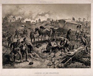 view A gloomy battlefield scene with the wounded being tended to and carried away. Lithograph, c.1870.