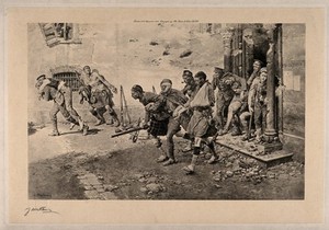 view World War One: soldiers escorting wounded men from a war damaged building. Photogravure, 1916, after F. Matania.