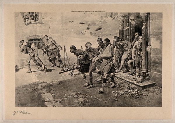 World War One: soldiers escorting wounded men from a war damaged building. Photogravure, 1916, after F. Matania.