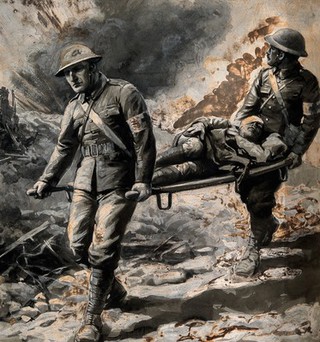 World War One: two stretcher bearers removing a wounded man under fire. Wash painting, c. 1916.