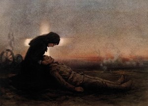 view World War One: a young soldier lies dying in a woman's arms on a deserted battlefield. Colour halftone, c. 1915, after D. Tennant.