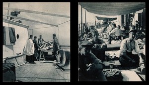 view World War One: two scenes from a hospital ship, a burial service and slightly wounded men on deck. Two halftones, c. 1916, after photographs.