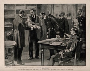 view A board of medical officers of the Navy examining a naval man's injured arm. Halftone after Joseph Nash the younger after a sketch by A. Gascoigne Wildey.