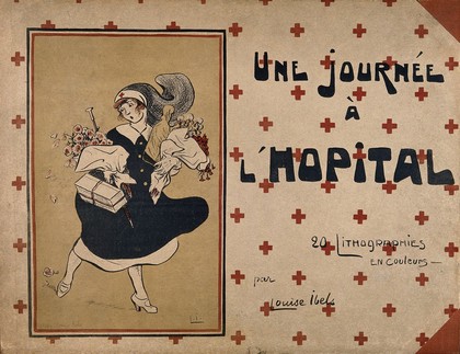 A French hospital for wounded soldiers, World War I: a nurse bearing gifts and flowers on her way to work. Colour lithograph after L. Ibels, 1916.