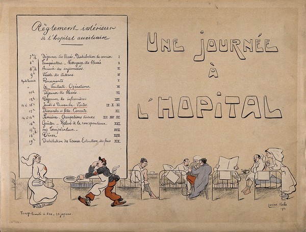 A French hospital for wounded soldiers, World War I: a ward, with a timetable for the day. Colour lithograph after L. Ibels, 1916.
