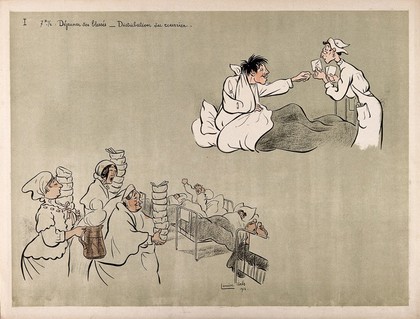 A French hospital for wounded soldiers, World War I: at 5.30 am, breakfast is brought to a sleepy ward and the mail is delivered to an eager patient. Colour lithograph after L. Ibels, 1916.